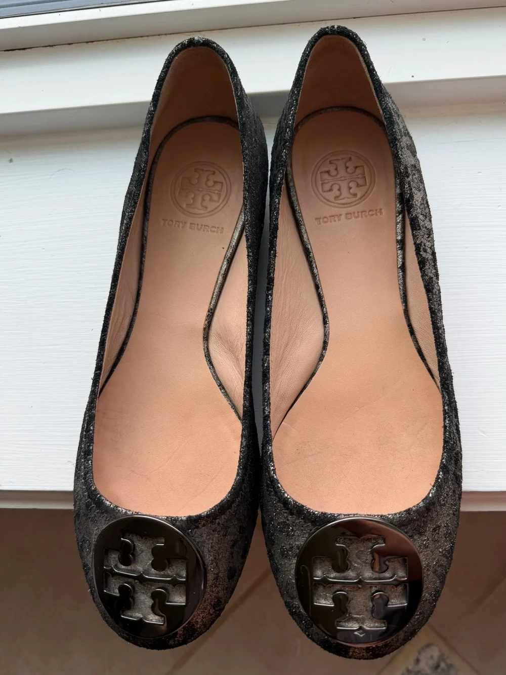 Tory Burch Luisa Anthracite Leopard Metallic Ballet Flats